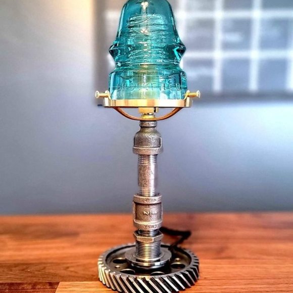 Glass Insulator Industrial Steel Pipe Gear Desk Lamp With a Brass Twist - Picture 2 of 3